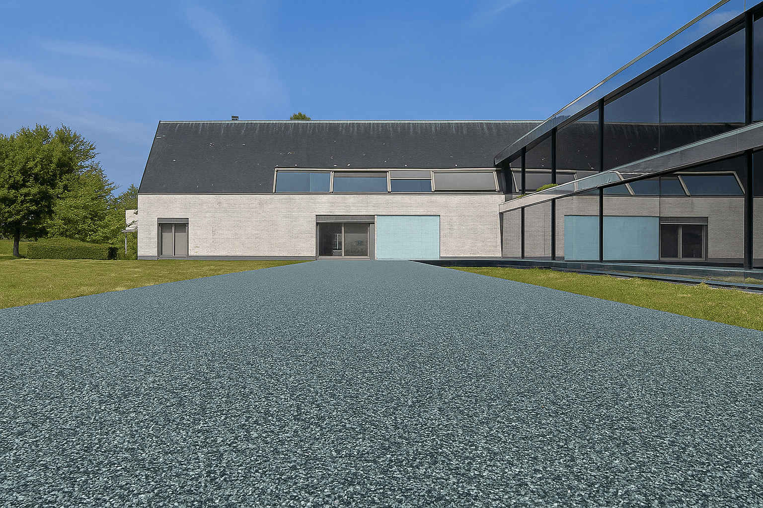 Moderne villa met groot raam en oprit.