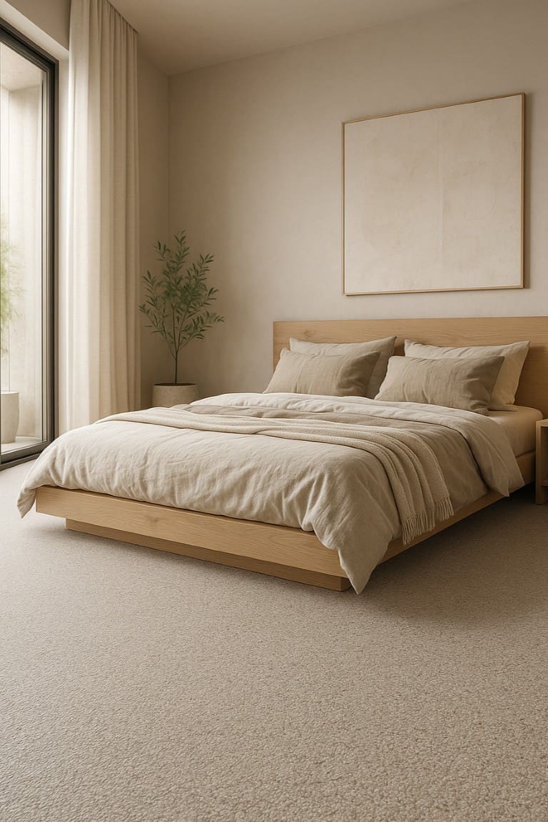 Minimalistische slaapkamer met houten bed en neutrale kleuren.