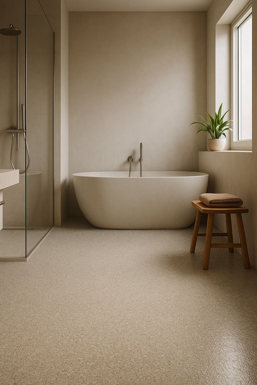 Moderne badkamer met bad, douche en planten.